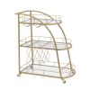 Golden Mobile Bar Serving Cart with Wine Rack and Glass Holder, 3-tier Shelves, Metal Frame and Temper Glass