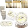 112PCS Bronzing Gold Happy Birthday Paper Plates Party Supplies Pack Disposable Tableware Set for Kids Serves 16 Guests Include Plates; Cups; Napkins;